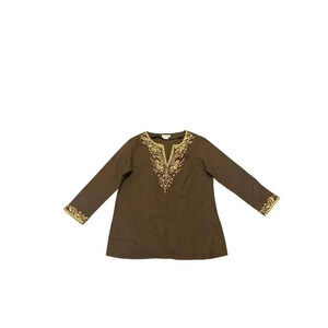 Michael Kors Large Tunic Top Blouse Brown Linen Wooden Beaded Embroidered Size M